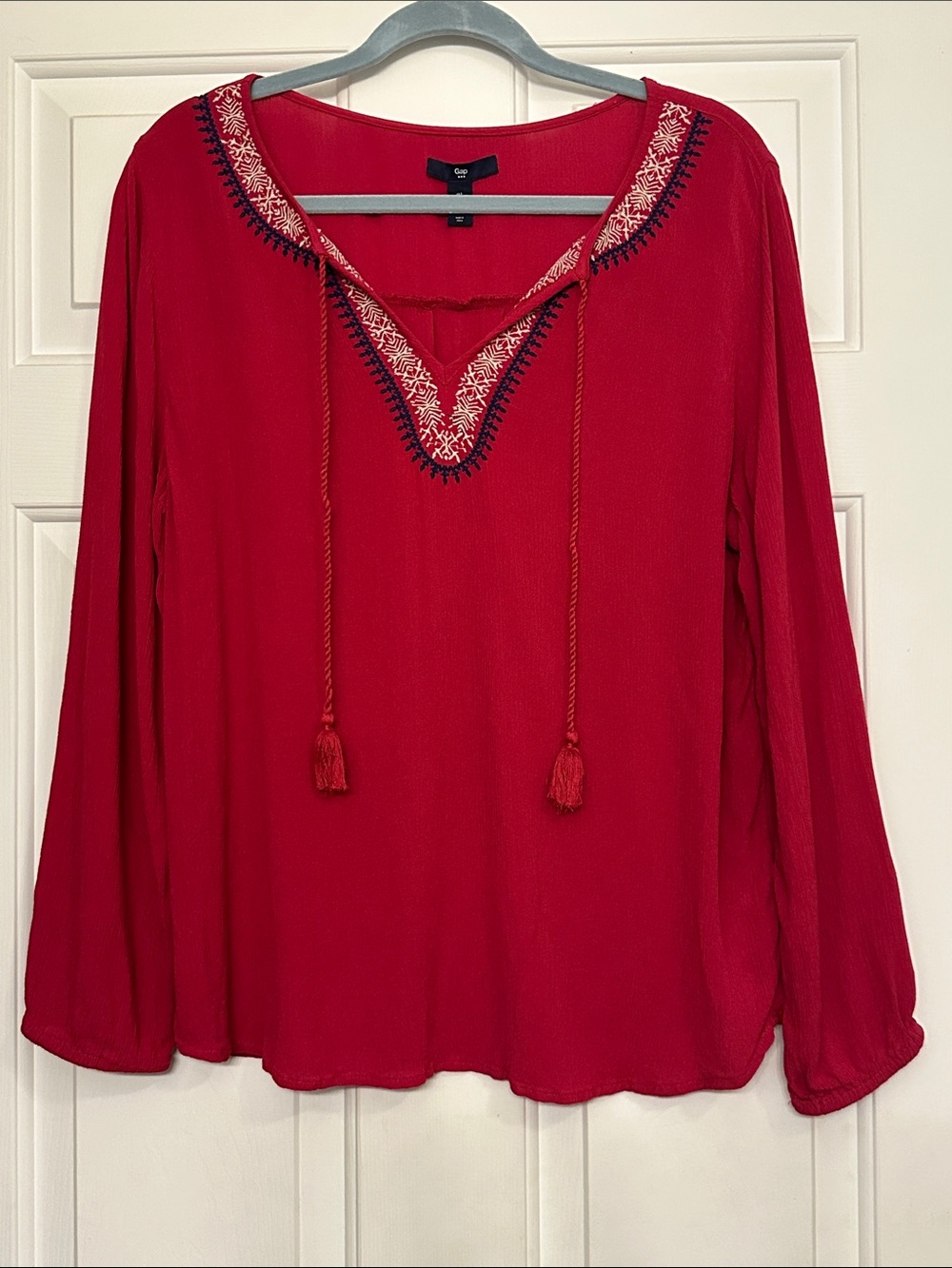 GAP Red Long-Sleeve Embroidered Tie-Neck Tunic